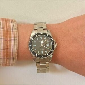 Y2K Silver Black Diver Style Quartz Watch with Date Unisex 8.5" New